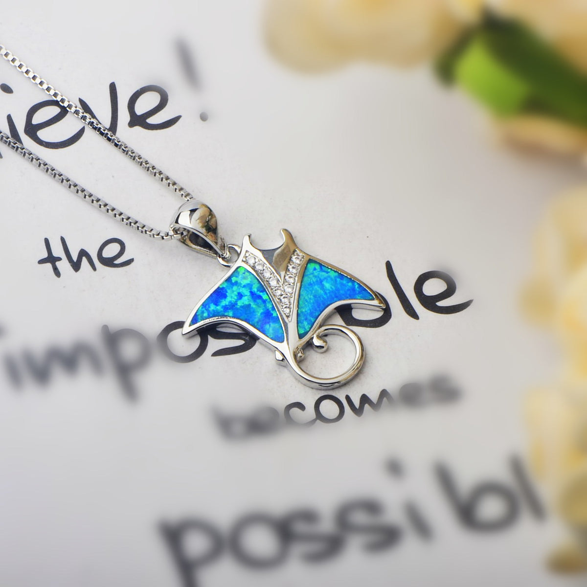 Blue stingray pendant necklace with box chain
