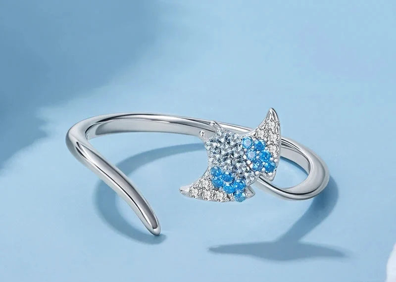 Silver open ring with blue starfish detail