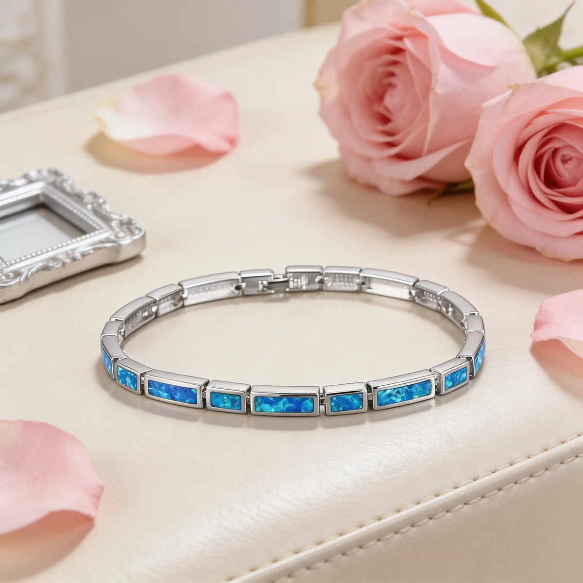 Opal Bar Bracelet, Chic Geometric Opal Link Bracelet for Women,Perfect Birthday Anniversary Gift for Wife Everyday Wear Bangle