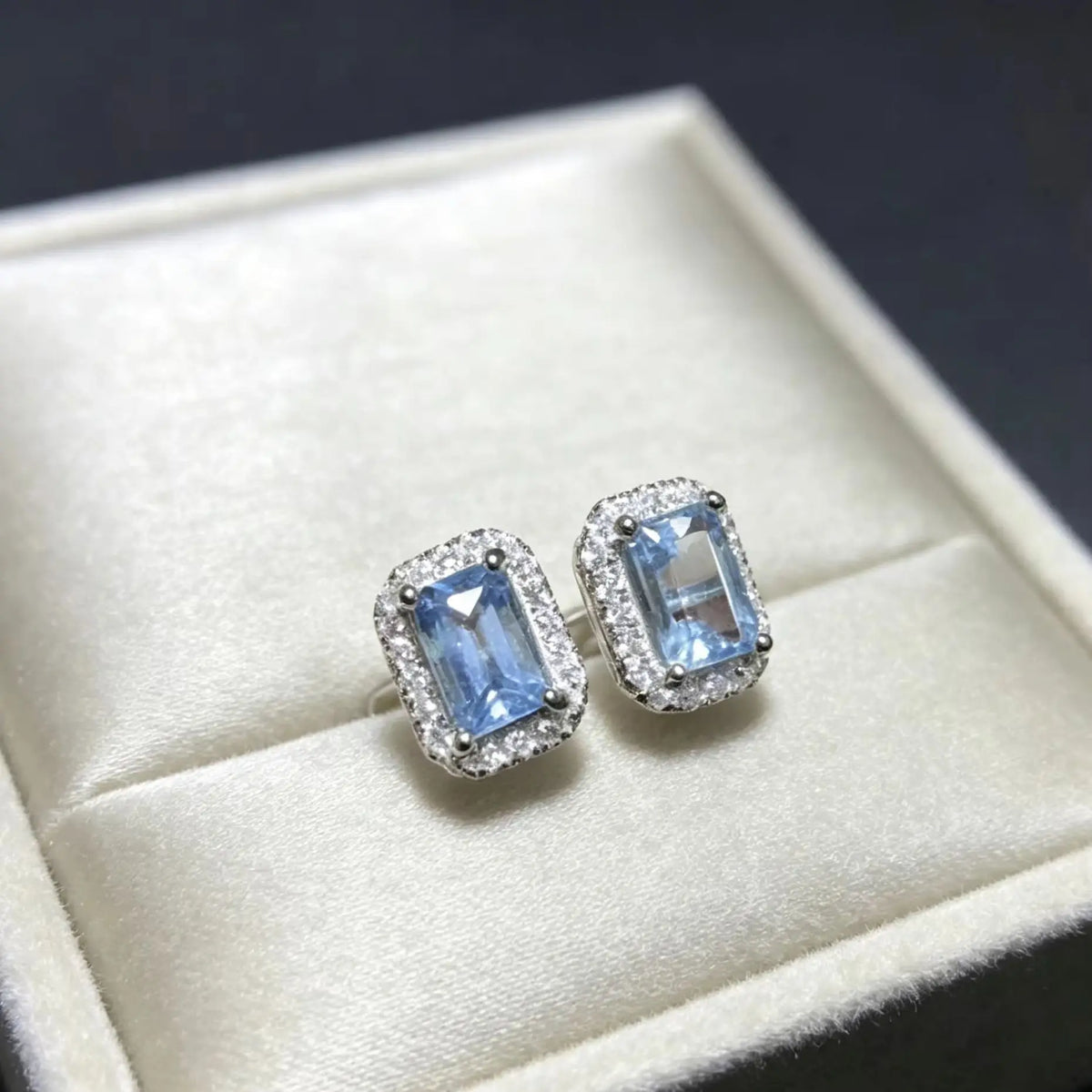 Blue Zircon Sugar Cube Stud Earrings – product image 3