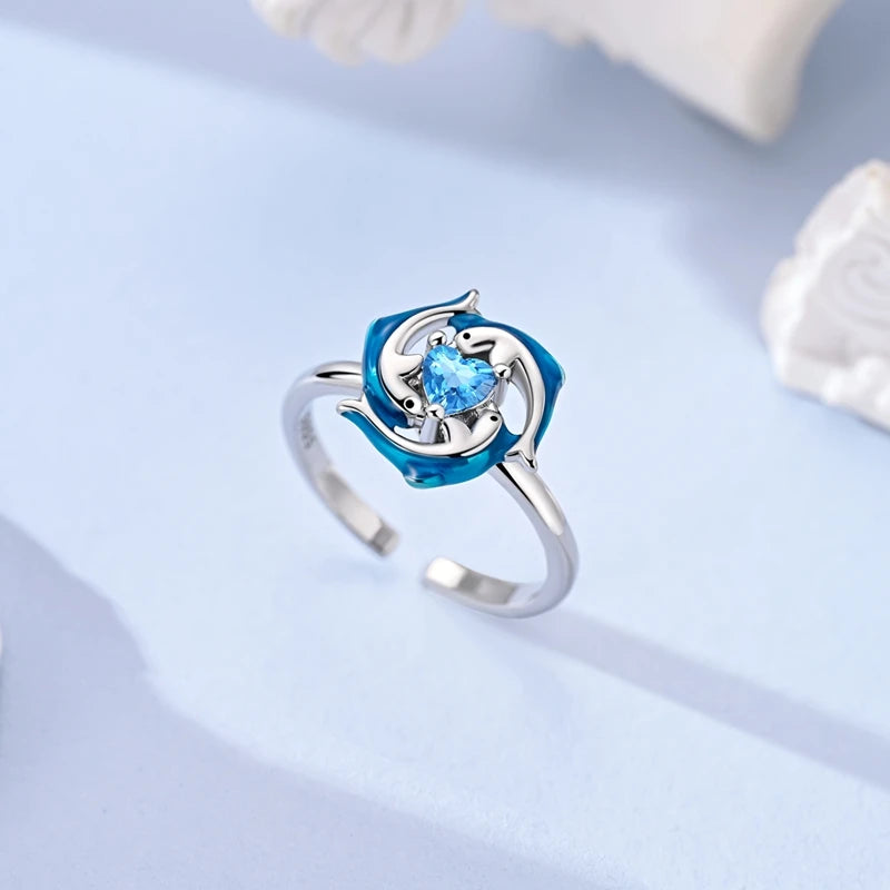 Anillos abiertos de plata con delfín y doble estrella