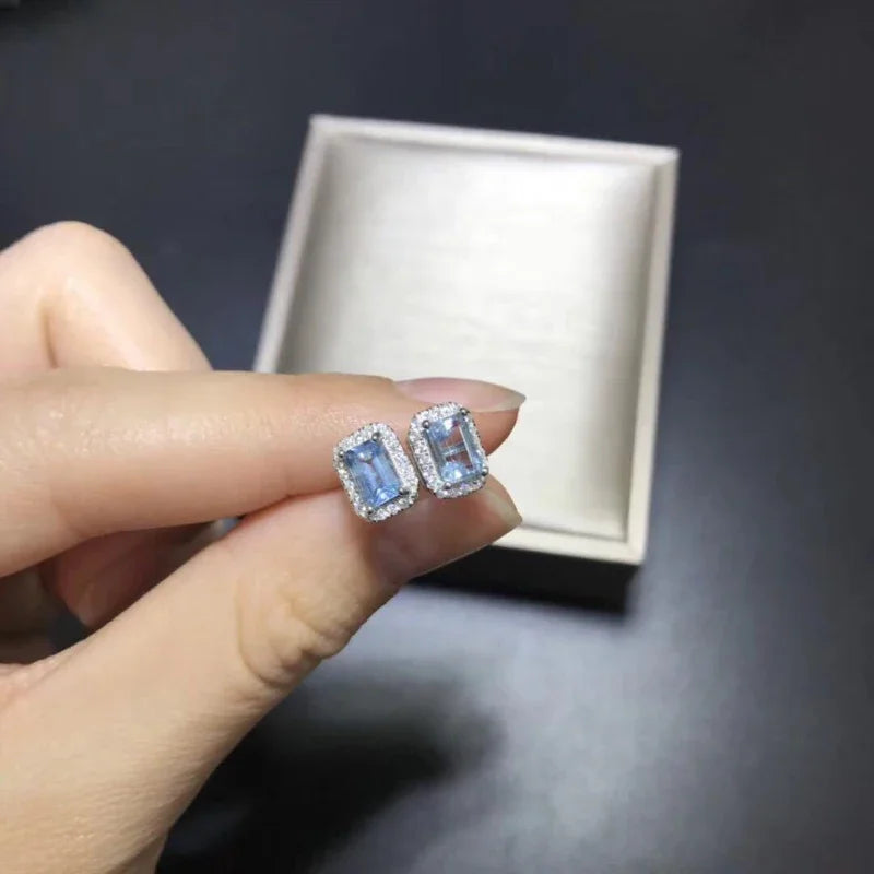 Blue Zircon Sugar Cube Stud Earrings – product image 5