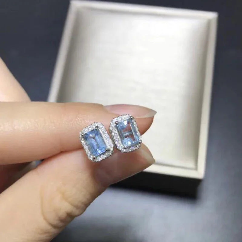 Blue Zircon Sugar Cube Stud Earrings – product image 4