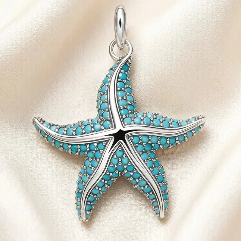 Blue starfish sterling silver pendant, front view