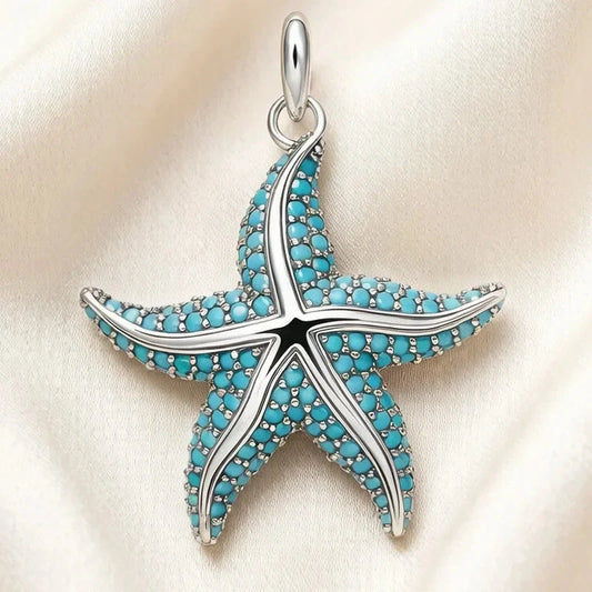 Blue starfish sterling silver pendant, front view