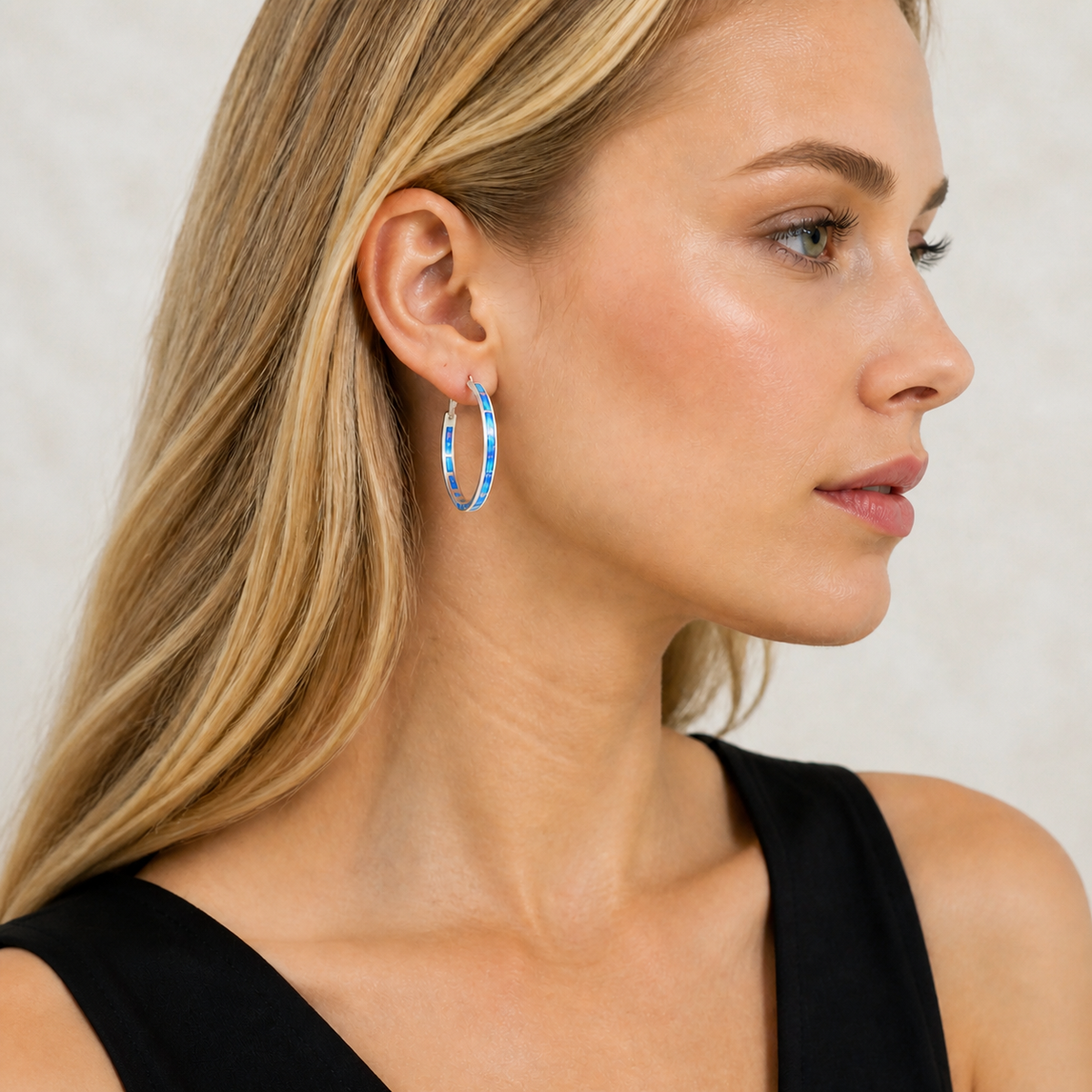 Model wearing Blue Tide Hoop Earrings